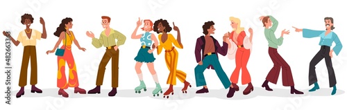 Set of people from 80s. Men and women in retro clothes or vintage outfits dance disco or rollerblading. Stylish character from last century. Cartoon flat vector collection isolated on white background