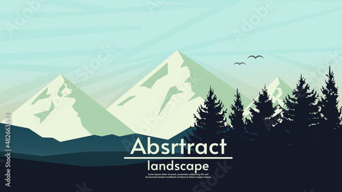 Vector abstract landscape. Forest with hills and mountains. Design for greeting card, background. 