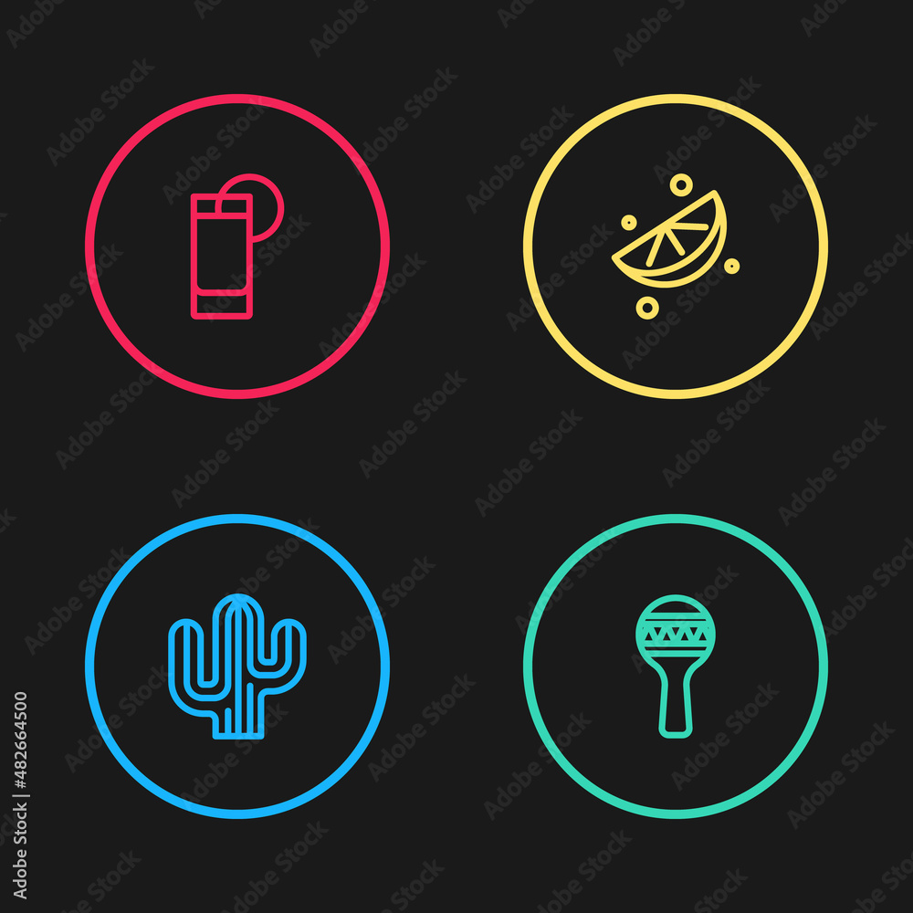 Set line Cactus, Maracas, Sliced lime and Tequila glass with lemon icon. Vector Set line Cactus, Maracas, Sliced lime and Tequila glass with lemon icon. Vector