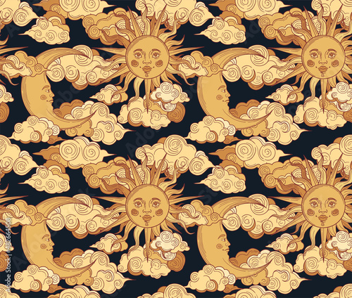 seamless pattern of colored sun and moon with clouds, yellow colours