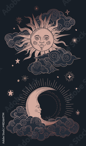 mystic sun and moon with faces, yellow clouds