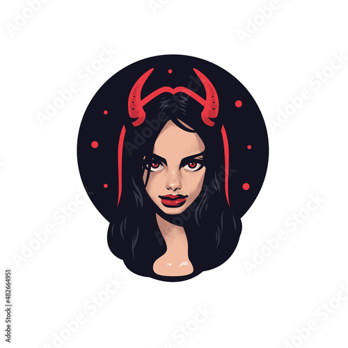 A mystical look. A devil woman with horns on her head. Black background. Magically it comes from the eyes.