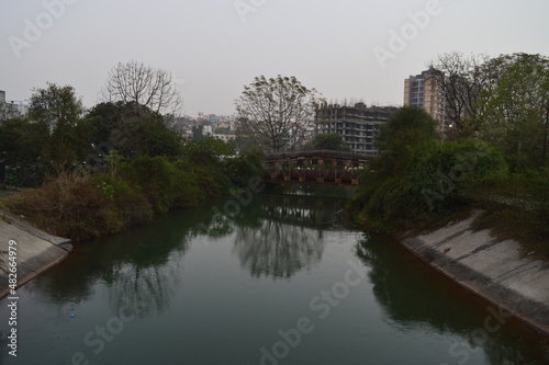 water flowing under a bridge in the park