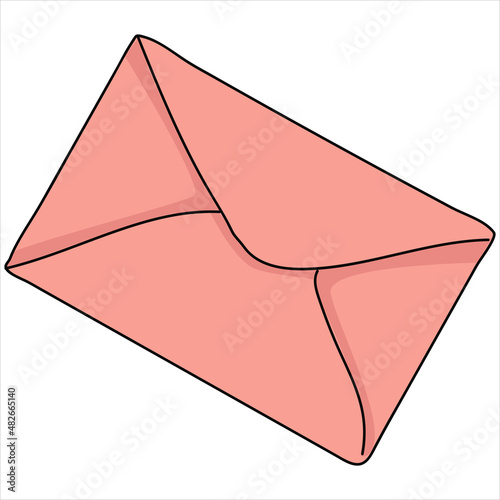 Closed pink envelope on a white background. Hand drawn illustration. 