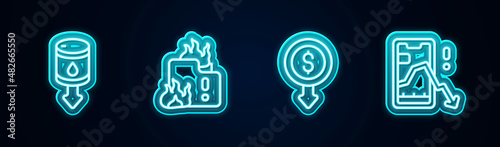 Set line Drop in crude oil price, Fire burning house, Dollar rate decrease and Mobile stock trading. Glowing neon icon. Vector