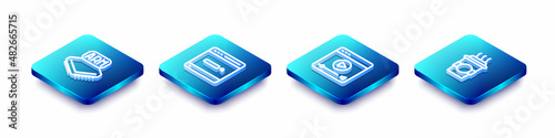 Set Isometric line Processor, Search engine, Online play video and Coffee cup to go icon. Vector