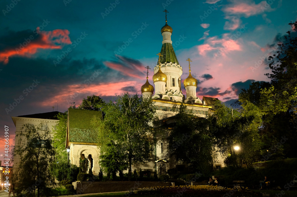The Russian St. Nicholas church at evening, Sofia city, Bulgaria