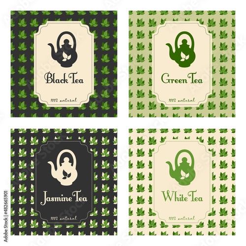 Set of vector illustrations of tea packaging. Hand drawn leaves and teapot icons. Packaging for green, jasmine, white and black tea.