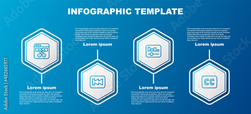 Set line Video recorder or editor, Rewind button, Music equalizer and Subtitles. Business infographic template. Vector