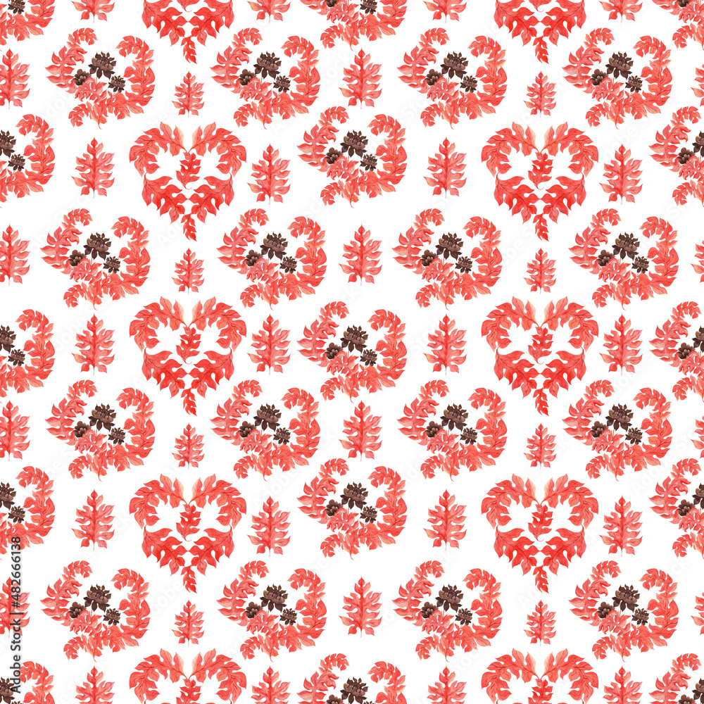 Watercolor set of seamless patterns with stylized red acanthus leaves Watercolor set of seamless patterns with stylized red acanthus leaves