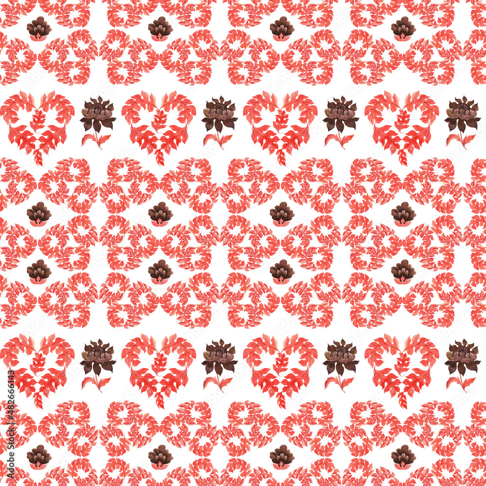 Watercolor set of seamless patterns with stylized red acanthus leaves Watercolor set of seamless patterns with stylized red acanthus leaves