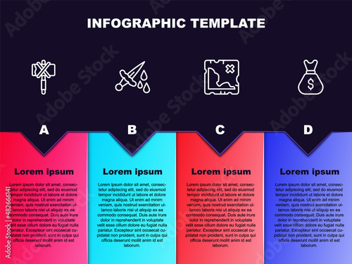 Set line Medieval axe, Sword with blood, Pirate treasure map and Old money bag. Business infographic template. Vector