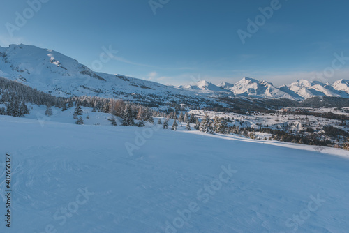 A picturesque landscape view of the French Alps mountains on a cold winter day (Hautes-Alpes, Devoluy valley)