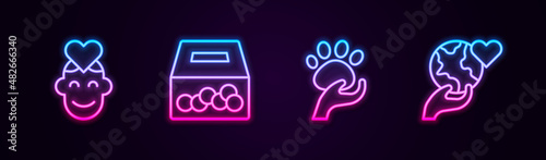 Set line Volunteer, Donation and charity, Animal volunteer and Hand holding Earth globe. Glowing neon icon. Vector