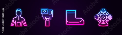Set line Wetsuit for scuba diving, Action extreme camera, Boots and Aqualung. Glowing neon icon. Vector