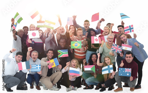 multinational group of people with their national flags.