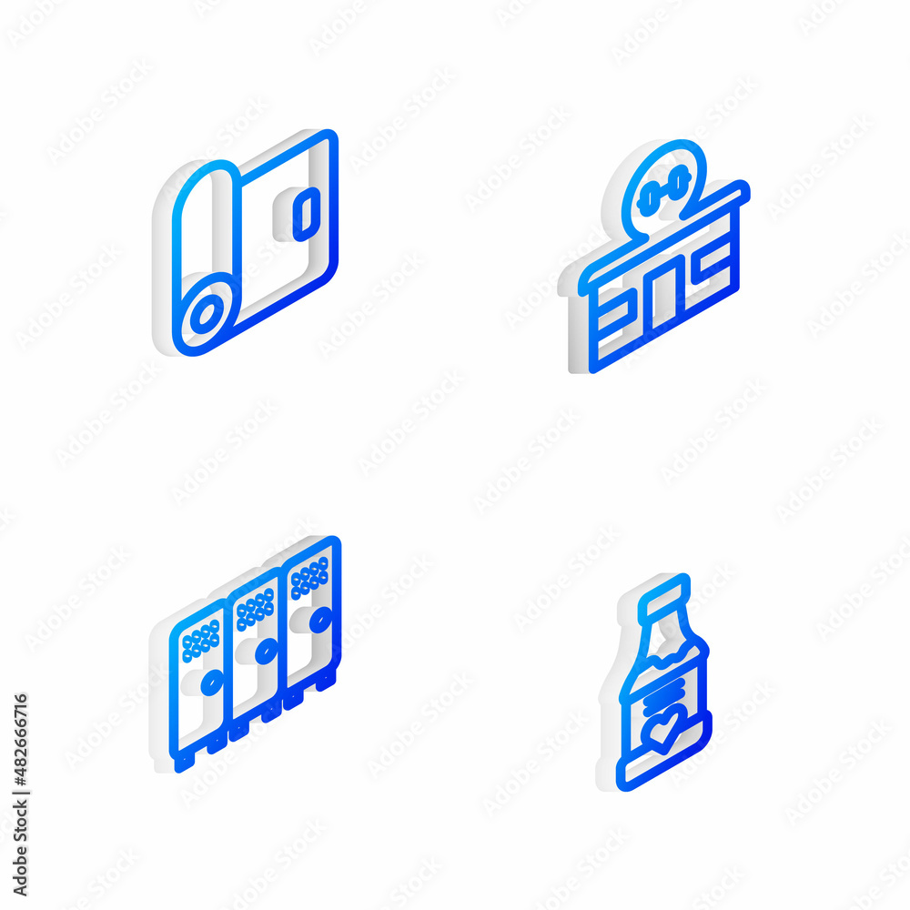Set Isometric line Gym building, Fitness mat roll, Locker or changing room and Vitamins icon. Vector Set Isometric line Gym building, Fitness mat roll, Locker or changing room and Vitamins icon. Vector