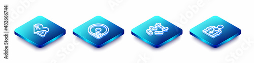 Set Isometric line Heart rate, Weight plate, Sports doping with dumbbell and Bodybuilder icon. Vector