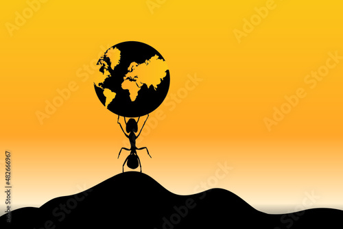 Never give up concept vector art, Motivational and inspirational art, Ant lifting earth. hope concept art, success illustration.