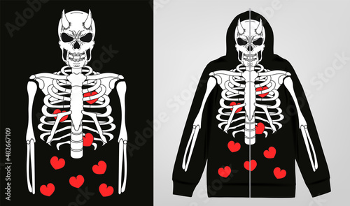 Modern print skeleton for zip hoodie, with hearts in the chest. Stylish print for streetwear, print for t-shirts and hoodies, isolated on black background