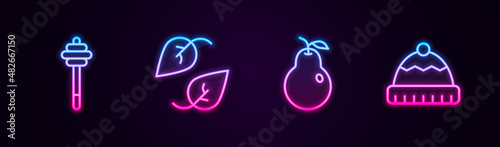Set line Honey dipper stick, Leaf, Pear and Winter hat. Glowing neon icon. Vector