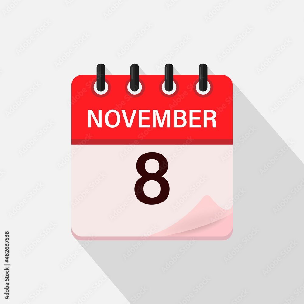 November 8, Calendar icon with shadow. Day, month. Flat vector illustration. November 8, Calendar icon with shadow. Day, month. Flat vector illustration.