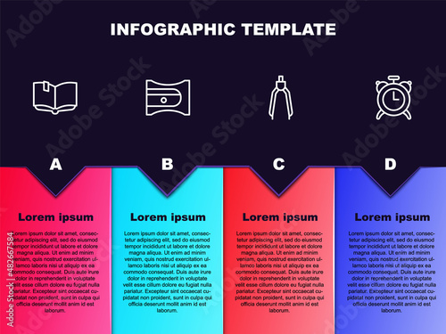 Set line Open book, Pencil sharpener, Drawing compass and Alarm clock. Business infographic template. Vector
