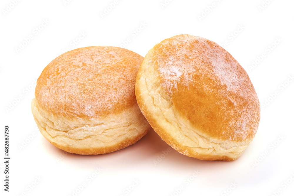 Yeast donuts with powdered sugar, isolated on white background. Yeast donuts with powdered sugar, isolated on white background.