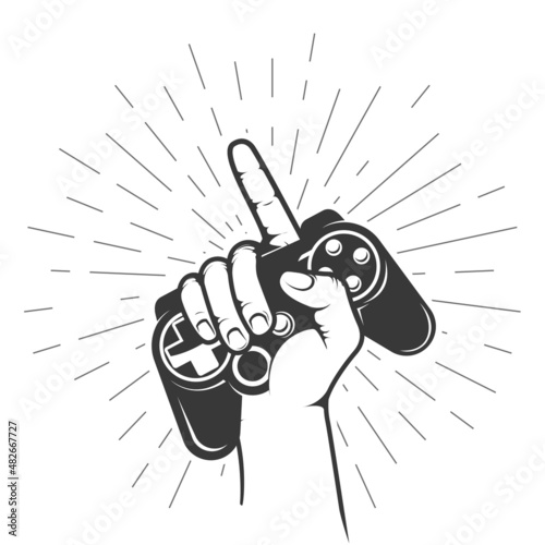 Gamepad palmed in gamer hand with pointing finger gesture, retro game controller or joystick squeezed in hand, vector