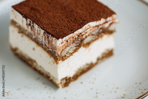 Tiramisu cake dessert served with coffee, biscuit and cocoa as ingredients on a bright white background. One piece of cake