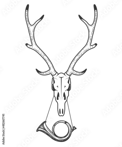 Hunting emblem, deer skull with antler and bugle on wall, hunter trophy, vector