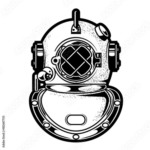 Vintage deep-sea diving helmet, heavy metal scuba headpiece, submergence equipment, vector