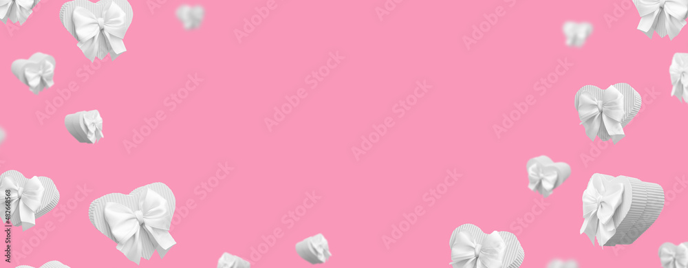 Banner with flying white heart shaped gift boxes isolated on pink background. Creative white day greeting card or banner Banner with flying white heart shaped gift boxes isolated on pink background. Creative white day greeting card or banner