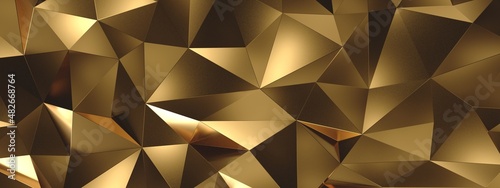3d render, abstract gold metallic crystal background, macro panorama, wide panoramic polygonal wallpaper