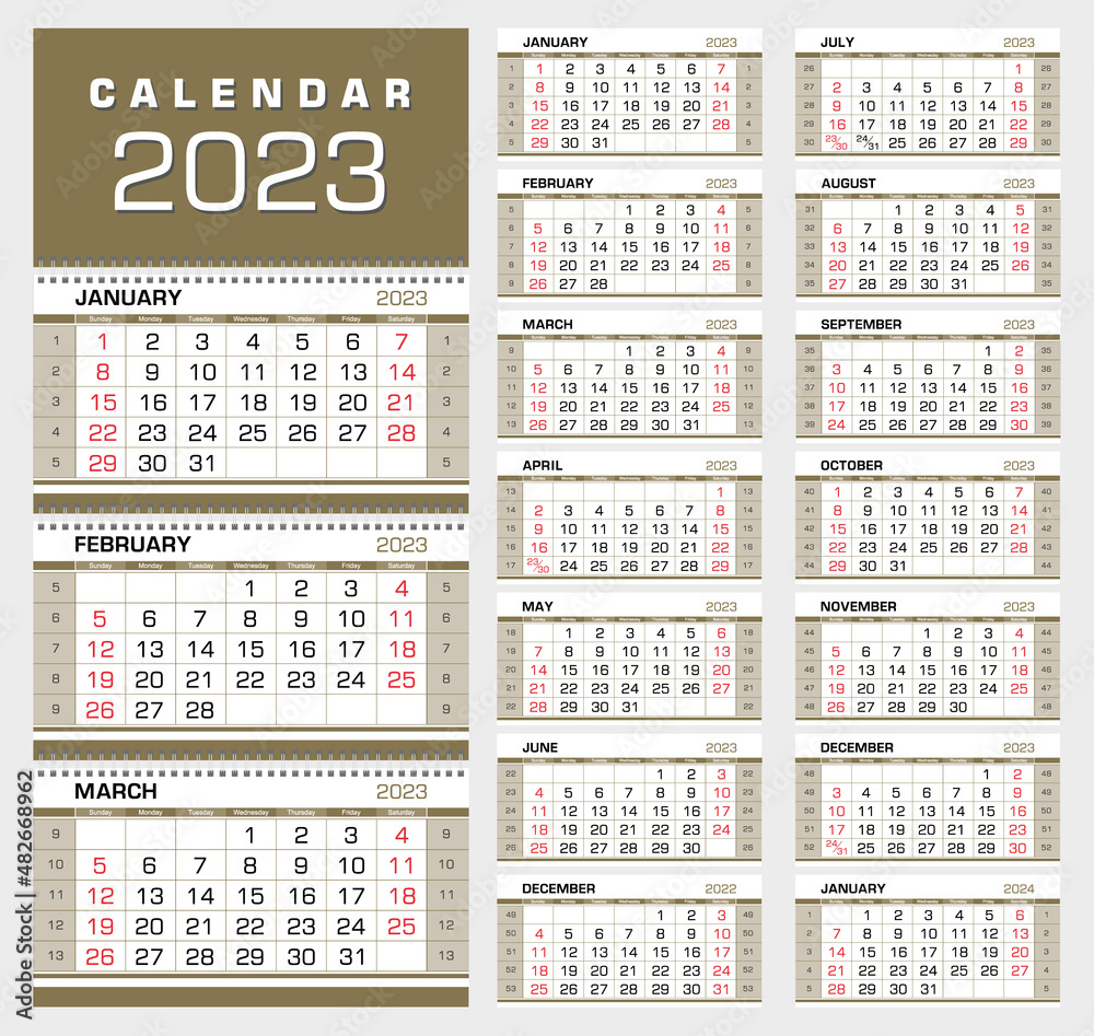 Calendar 2023. Wall quarterly calendar with week numbers. Week start
