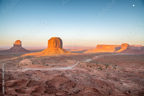 Beautiful rocks of and mountains of Monument Valley at dusk, USA.