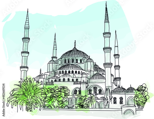 Watercolor, vector illustration for travel magazine, web, poster, postcard or social media. View of the famous Blue Mosque Sultan Ahmet Cami in Istanbul Turkey 