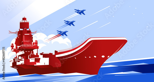 Heavy aircraft-carrying military cruiser card. Defender of the Fatherland Day in Russia. Vector illustration