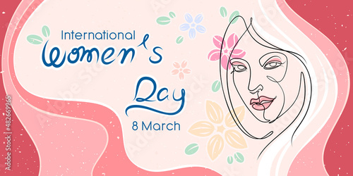 International women's Day, 8th March design concept greeting card template illustration. Flat vector young woman beauty face minimal line drawing style and curve pink background.