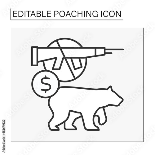  Hunting line icon. Illegal activity. Hunting rare white bears in tundra for selling. Bloody trophy. Hunter kills animals. Poaching concept. Isolated vector illustration. Editable stroke
