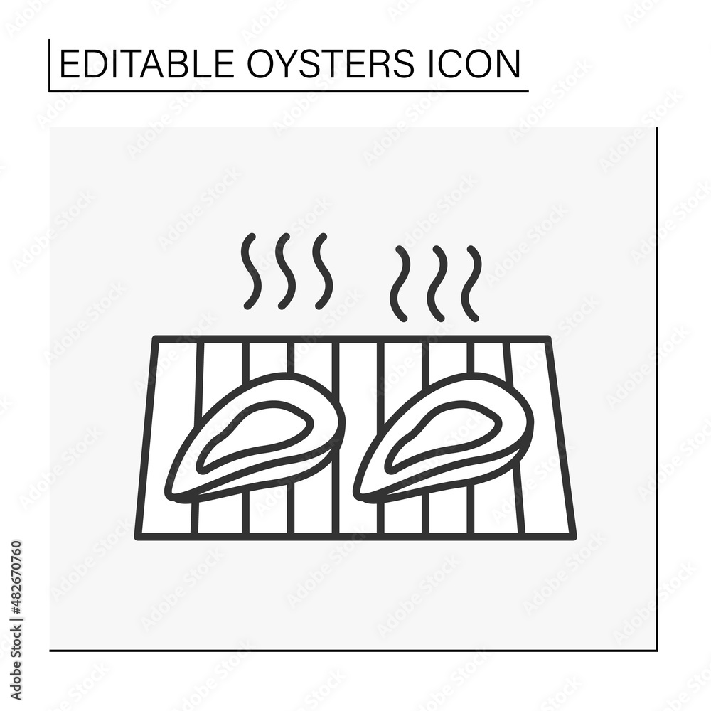  Delicacy line icon.Oysters prepared on grill. Tasty food from the restaurant. Seafood concept. Isolated vector illustration. Editable stroke