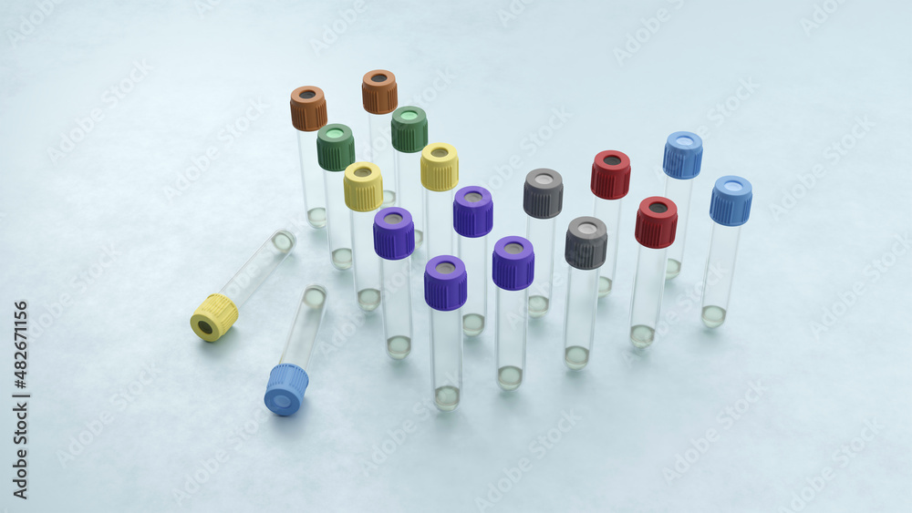 Equipo médico para muestreo. Tubo para toma de muestra, sangre o plasma. Material de laboratorio clínico. Ilustración 3D. Equipo médico para muestreo. Tubo para toma de muestra, sangre o plasma. Material de laboratorio clínico. Ilustración 3D.