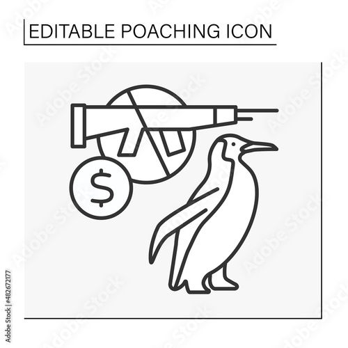  Hunting line icon. Illegal activity. Hunting on penguins. Bloody trophy. Hunter kills wild animals. Poaching concept. Isolated vector illustration. Editable stroke