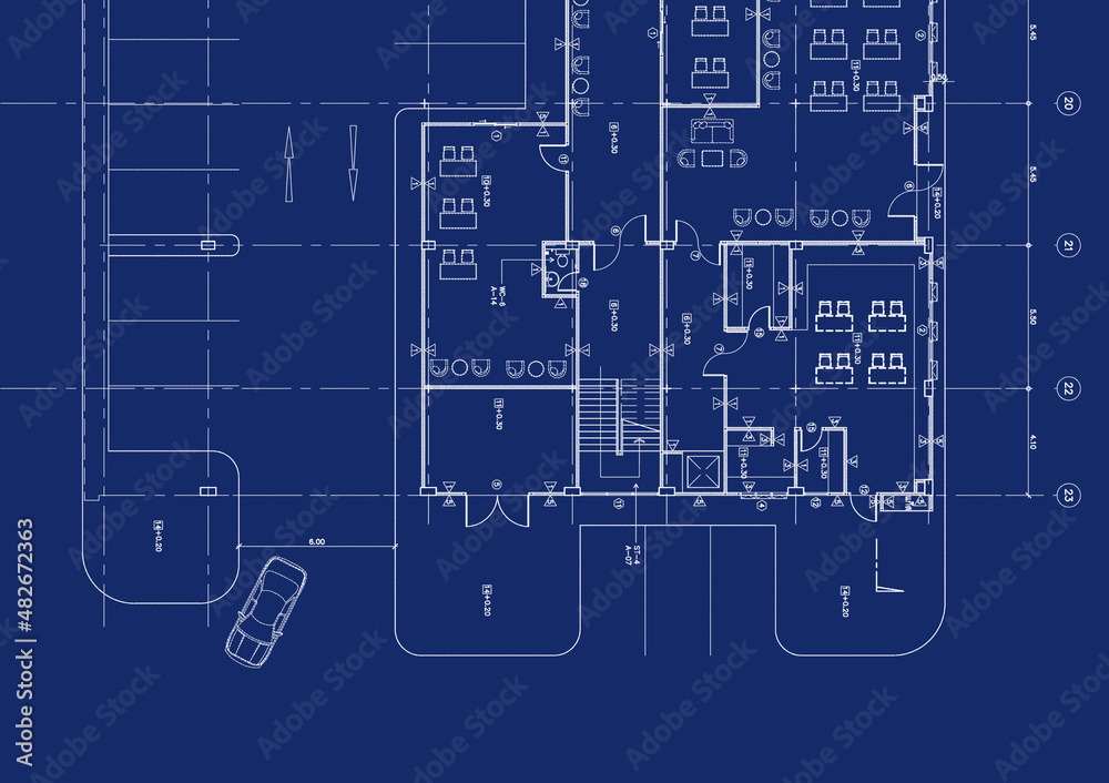 Floor plan designed building on the drawing. Floor plan designed building on the drawing.