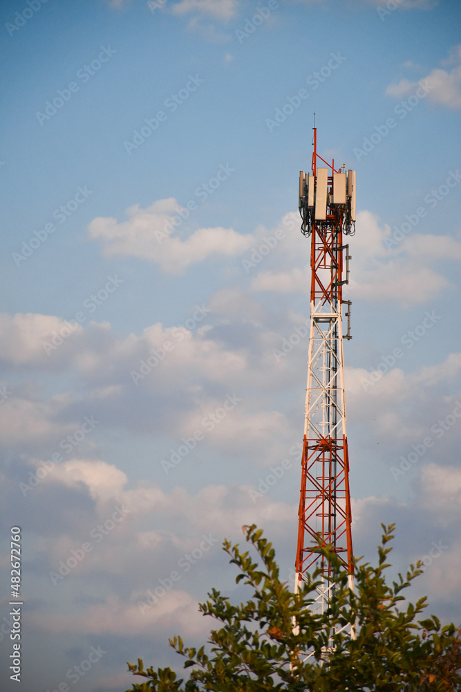 Telecommunication tower of 4G and 5G cellular. Antenna transmission communication. Cell phone signal base station.