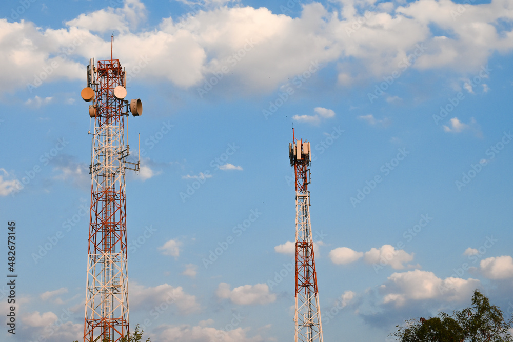 Telecommunication tower of 4G and 5G cellular. Antenna transmission communication. Cell phone signal base station. Telecommunication tower of 4G and 5G cellular. Antenna transmission communication. Cell phone signal base station.
