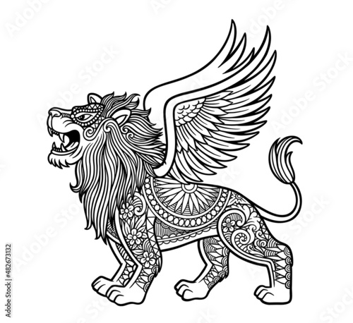 Winged lion animal with floral ornament decoration good use for tattoo  t-shirt desigan or any design you want
