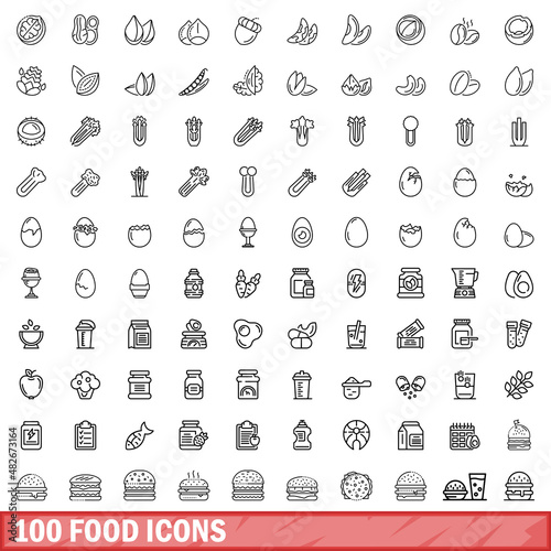 100 food icons set. Outline illustration of 100 food icons vector set isolated on white background