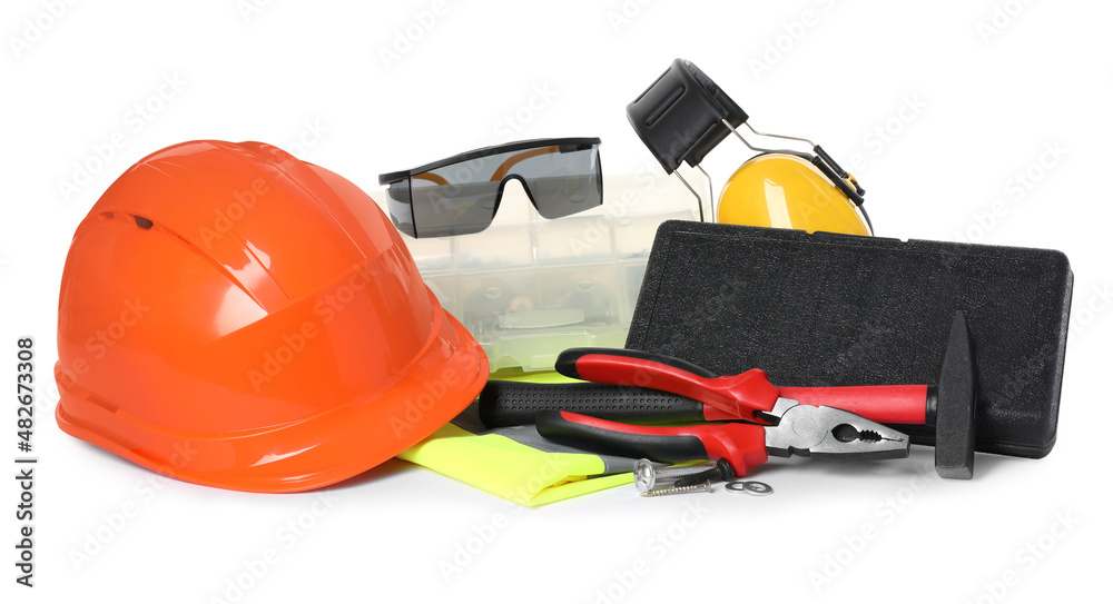 Different personal protective equipment and tools on white background Different personal protective equipment and tools on white background