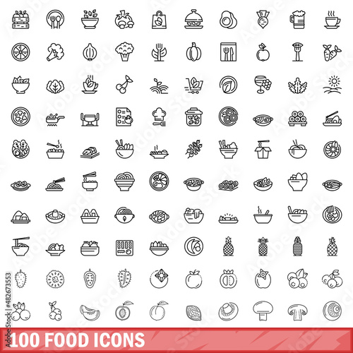100 food icons set. Outline illustration of 100 food icons vector set isolated on white background